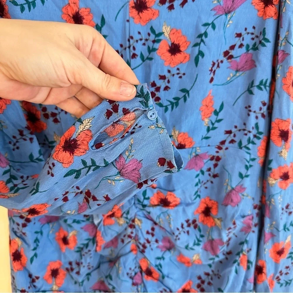 EU ASTR Ruffle Front Blue Floral Long Sleeve Mini Dress - Picture 8 of 12